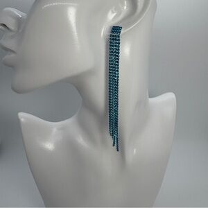 Long Blue Crystal Rhinestone Tassel Dangle Fringe Earrings